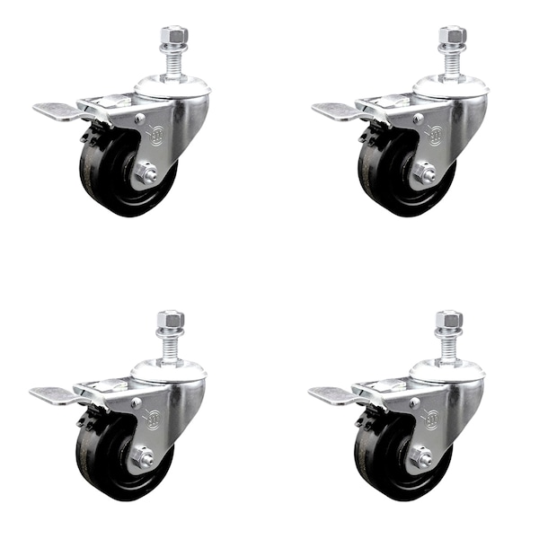 3 Inch SS Phenolic Swivel 10mm Threaded Stem Caster Set Total Lock Brake SCC